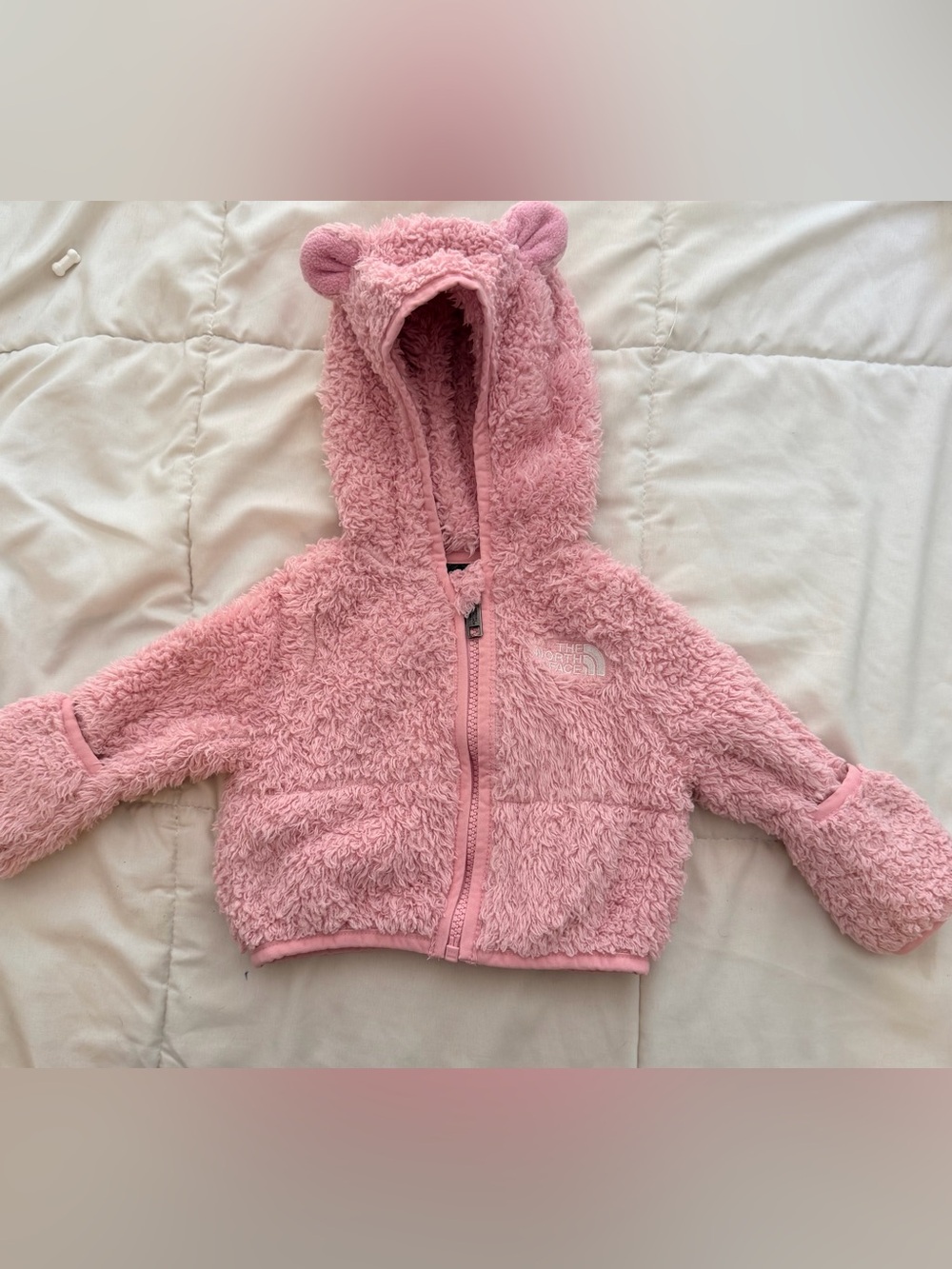 The North Face Baby Pink Fuzzy Bear Hoodie – Size 0–3M 🩷🐻
